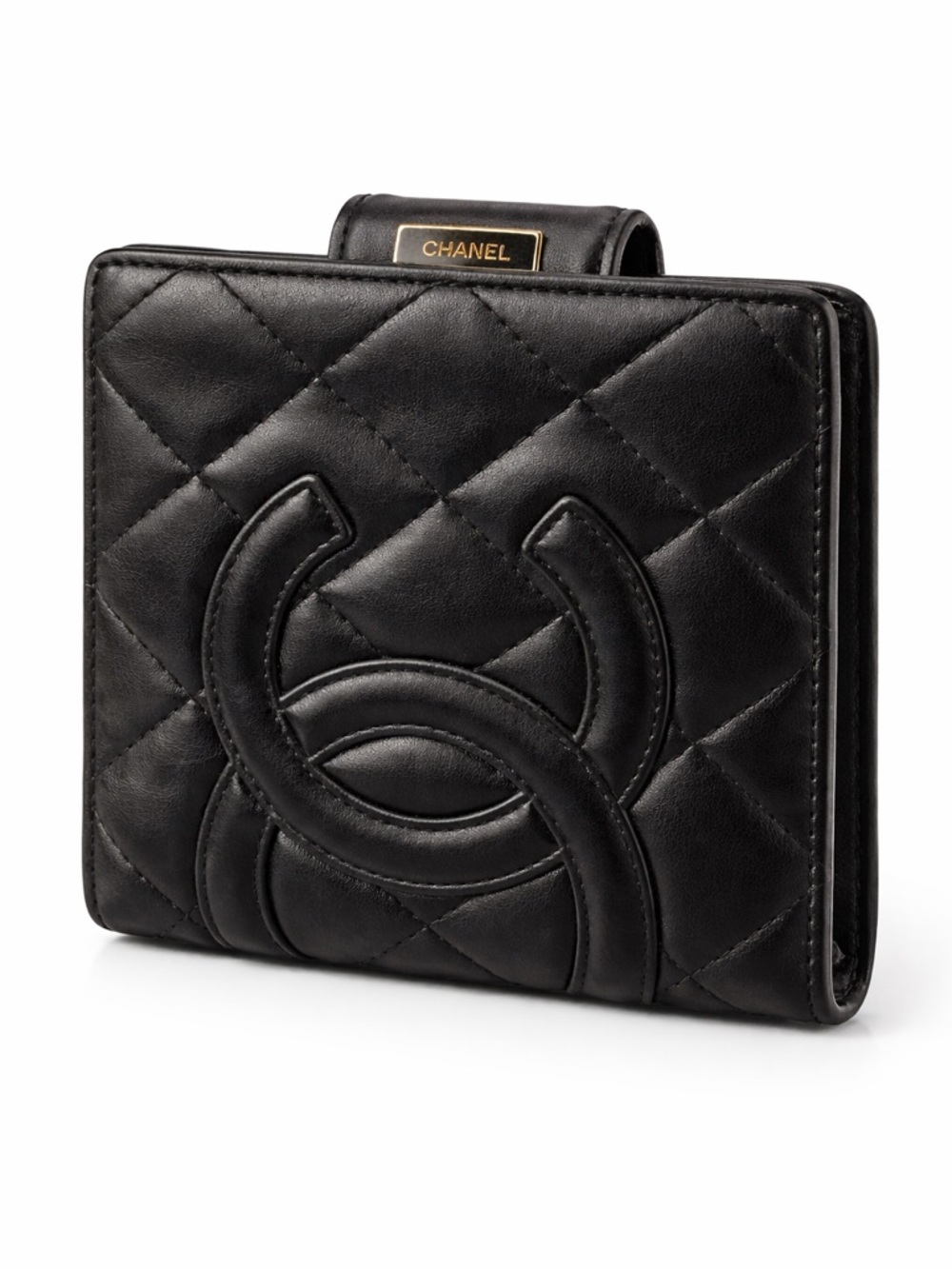 Authentic! CHANEL Black Quilted Leather Bi-Fold Wallet with CC Motif